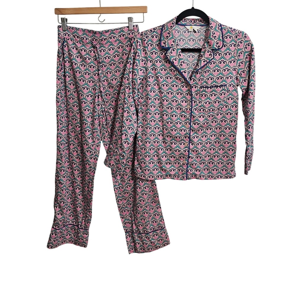 Boden Pajama‎ Set Womens 2 Pink Navy Heart Damask Long Sleeve Button Down PJs